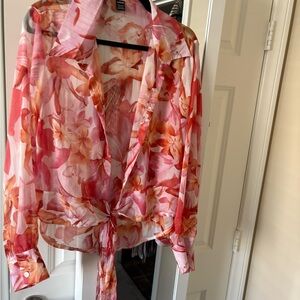 SHEIN FLORAL  Tie-Front Blouse - Pink and Orange